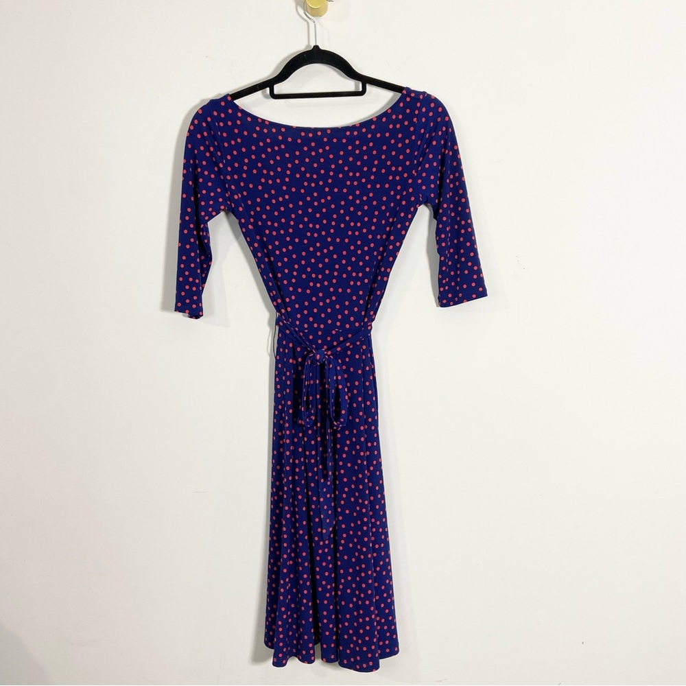 Leota Anchors Aweigh Navy Blue Red Polka Dot Boatneck Nautical Midi Dress